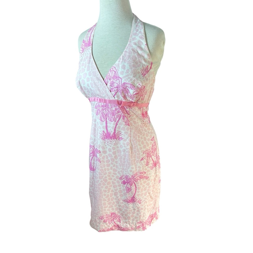Lilly Pulitzer Vintage Y2K Pink Palm Tree Print With Bow Halter Mini Dress - Picture 6 of 10